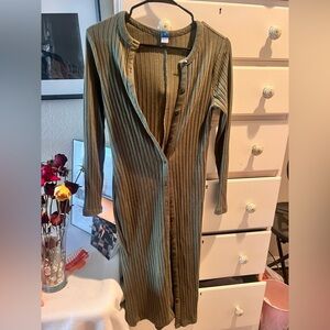 Ribbed Button-Front Long Sleeve cardigan/dress in Olive Green